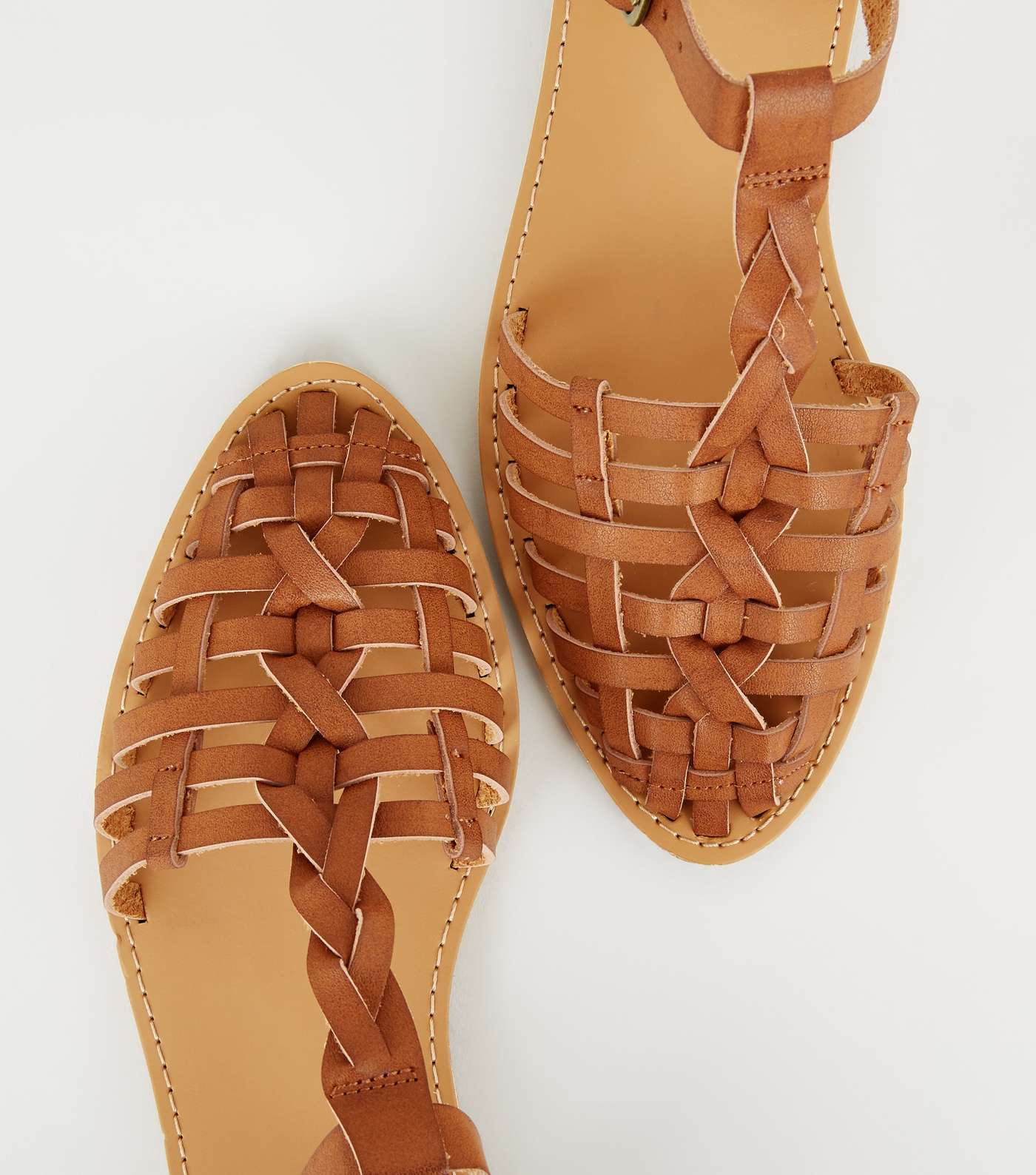 Tan Leather-Look Woven T-Bar Caged Sandals Image 3