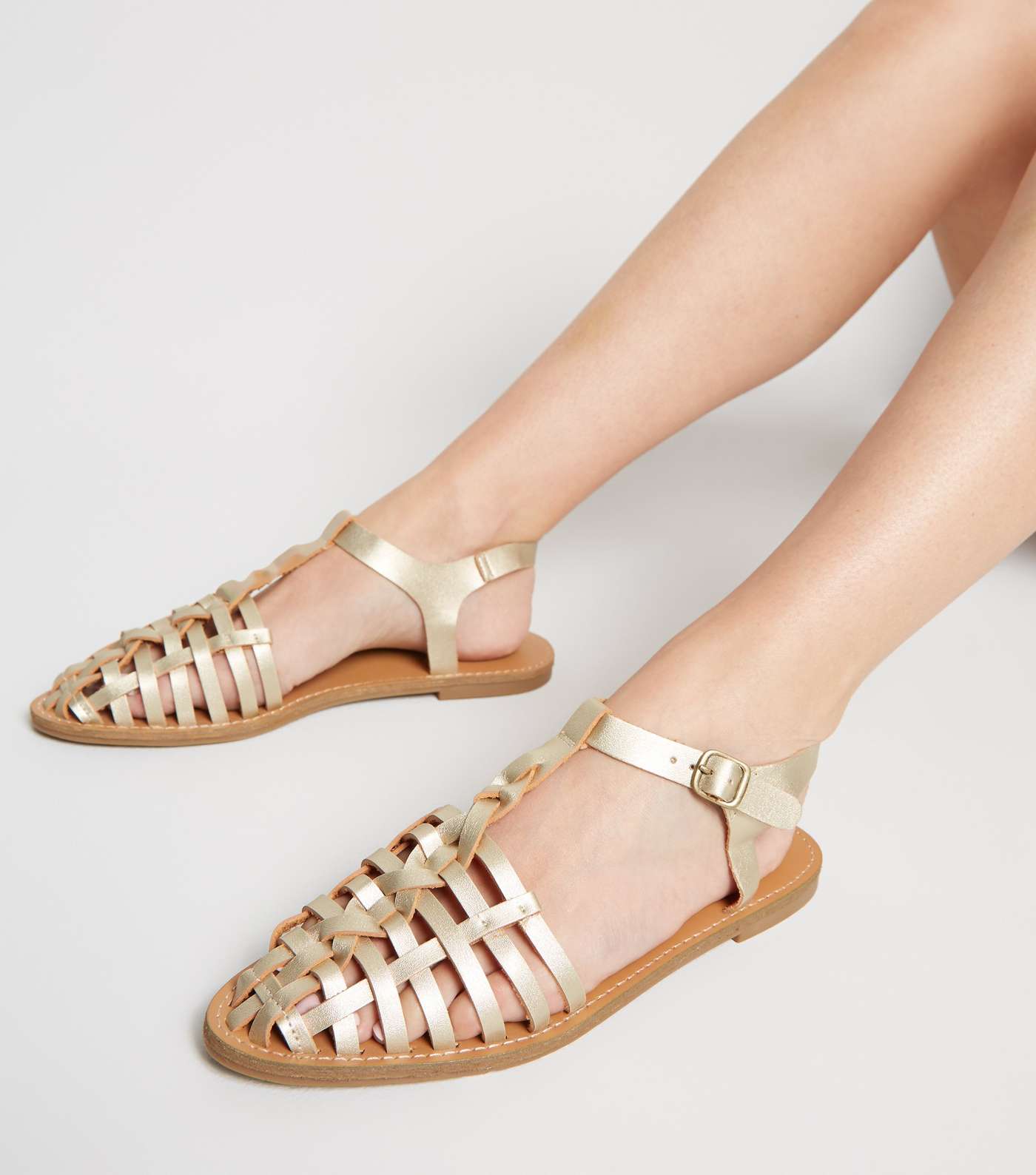 Gold Leather-Look T-Bar Caged Sandals Image 2