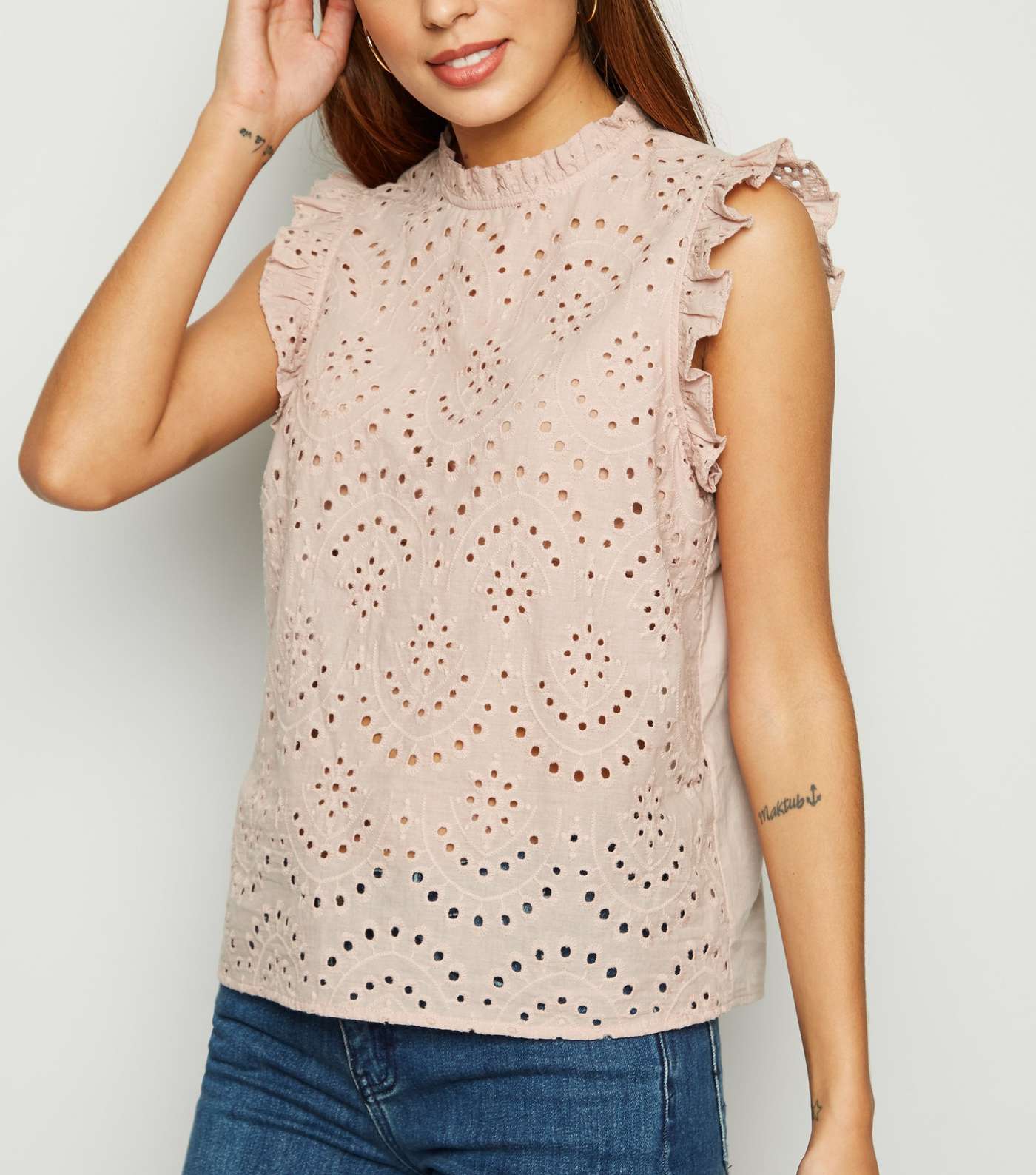 Pale Pink Broderie Frill Trim Blouse