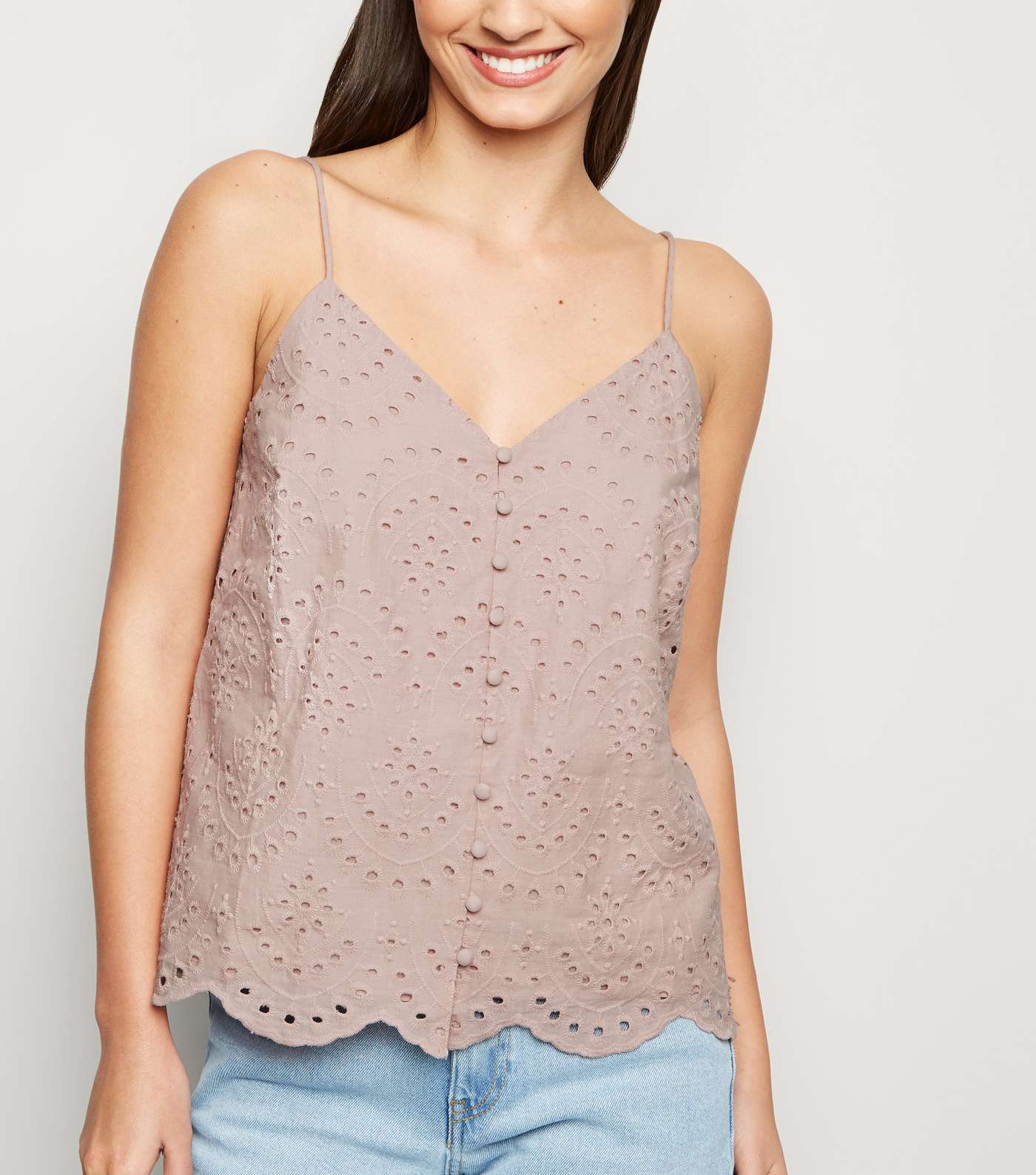 Pale Pink Broderie Button Front Cami