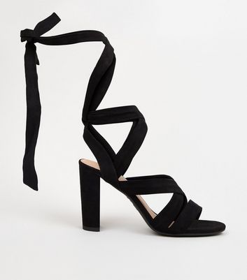 Black Suedette Ankle Tie Block Heels 
