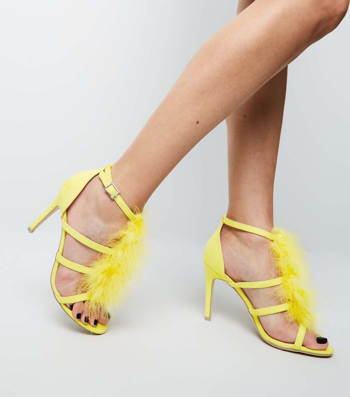 Yellow Feather Trim Caged Stiletto Heels Image 2