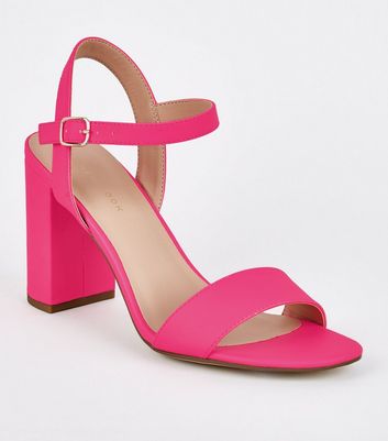 Bright Pink Leather-Look Flared Stiletto Heel Sandals | New Look