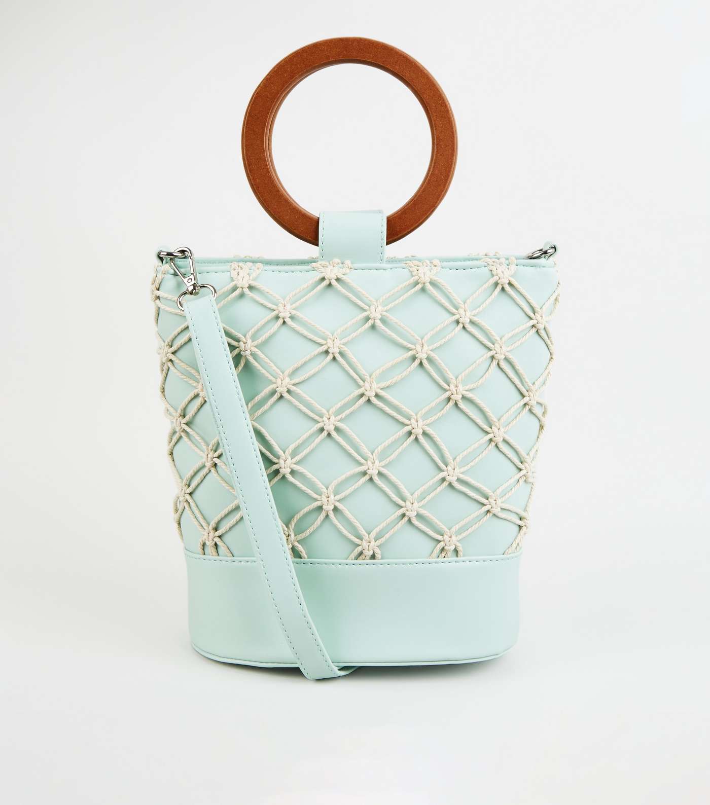 Mint Green Leather-Look Macramé Bucket Bag