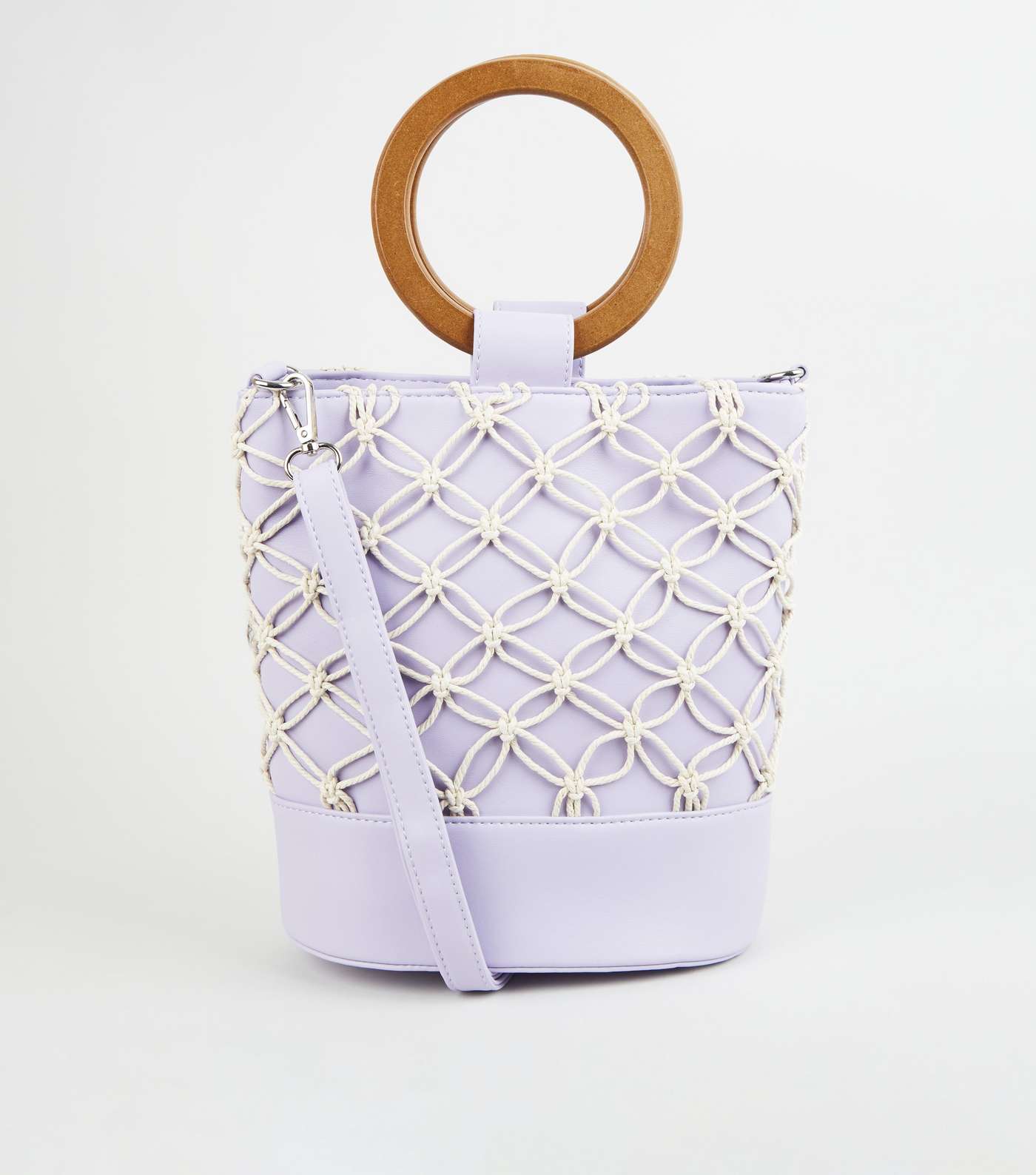 Lilac Leather-Look Macramé Bucket Bag