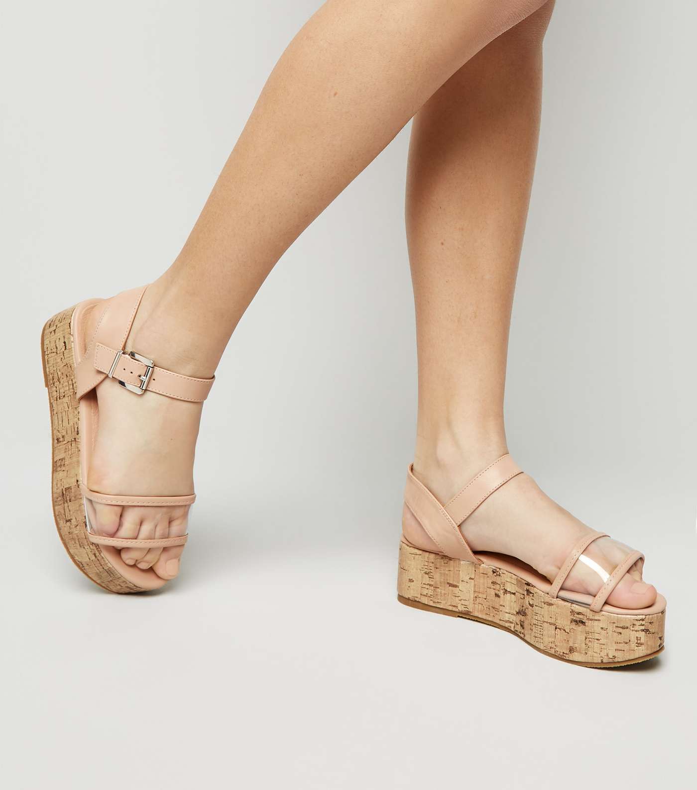 Girls Cream Clear Strap Cork Flatform Sandals Image 2