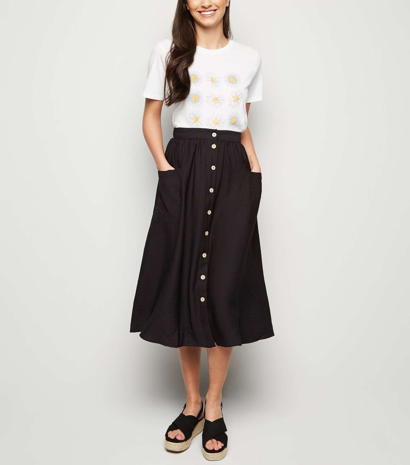 Black Button Pocket Front Midi Skirt 
