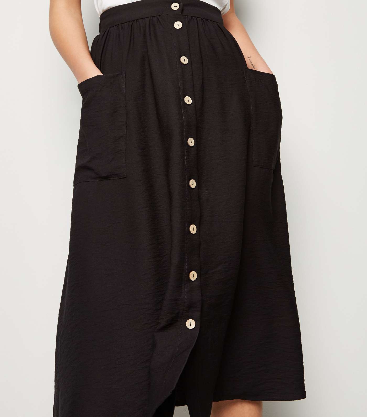 Black Button Pocket Front Midi Skirt  Image 5