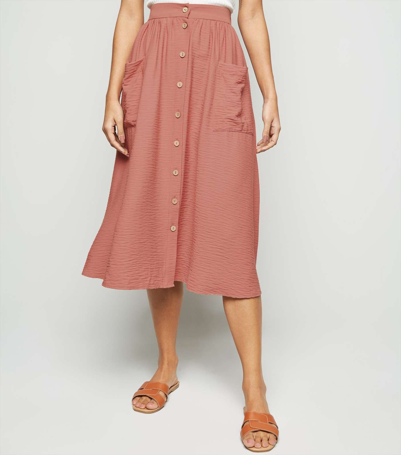 Pale Pink Button Pocket Front Midi Skirt  Image 2