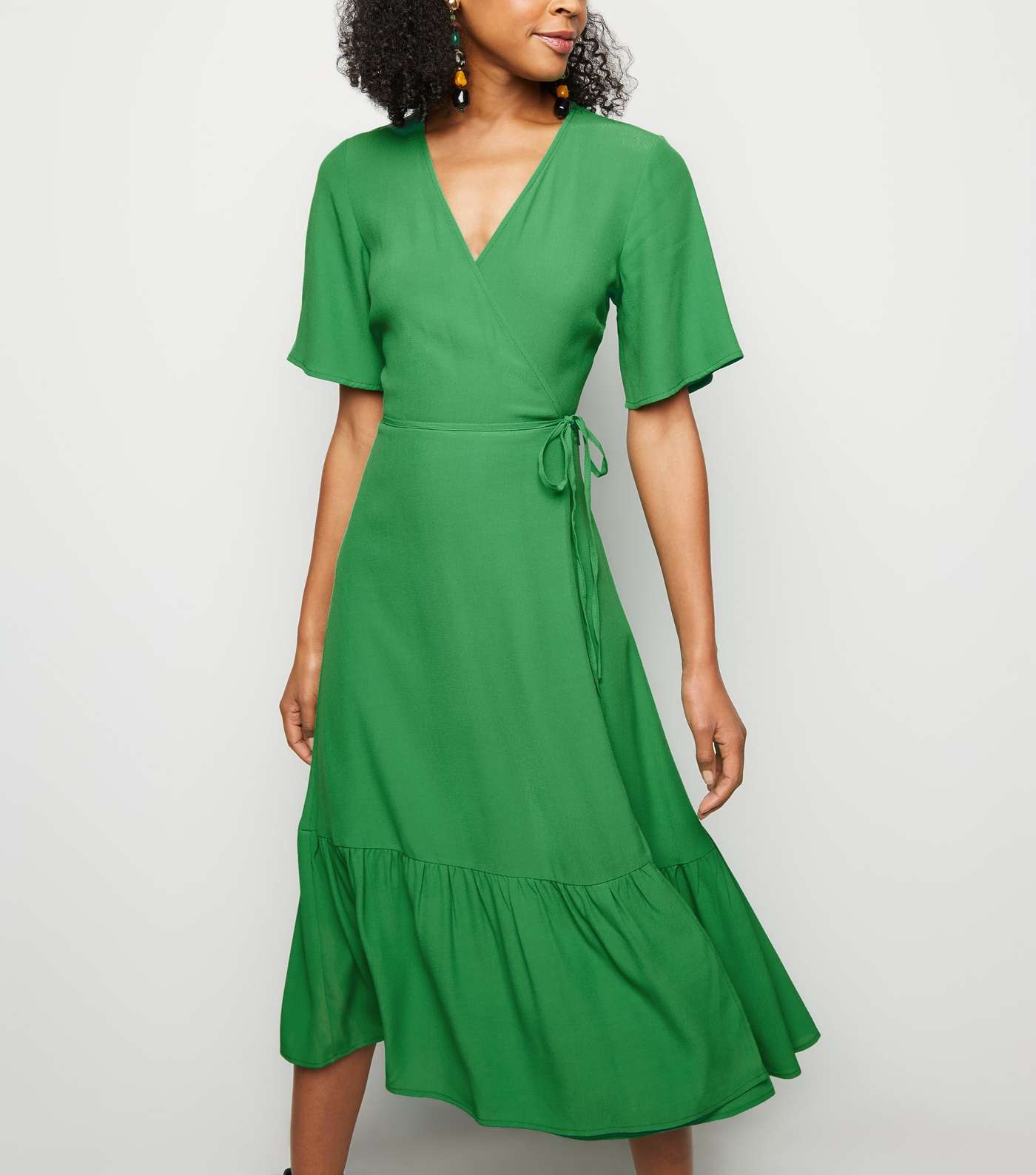 Green Tiered Midi Wrap Dress