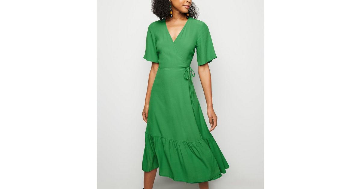 Green Tiered Midi Wrap Dress | New Look