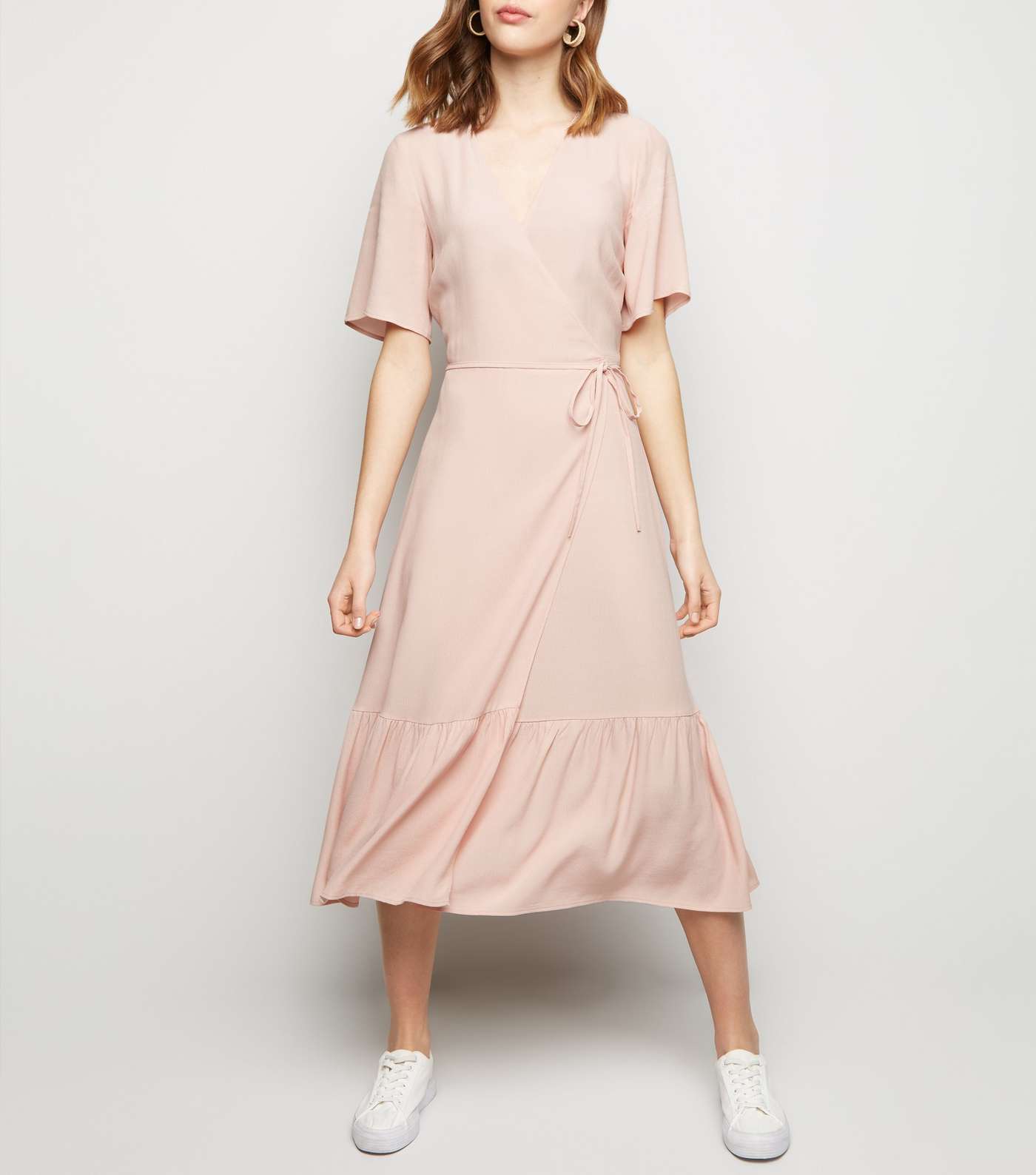 Pink Tiered Midi Wrap Dress