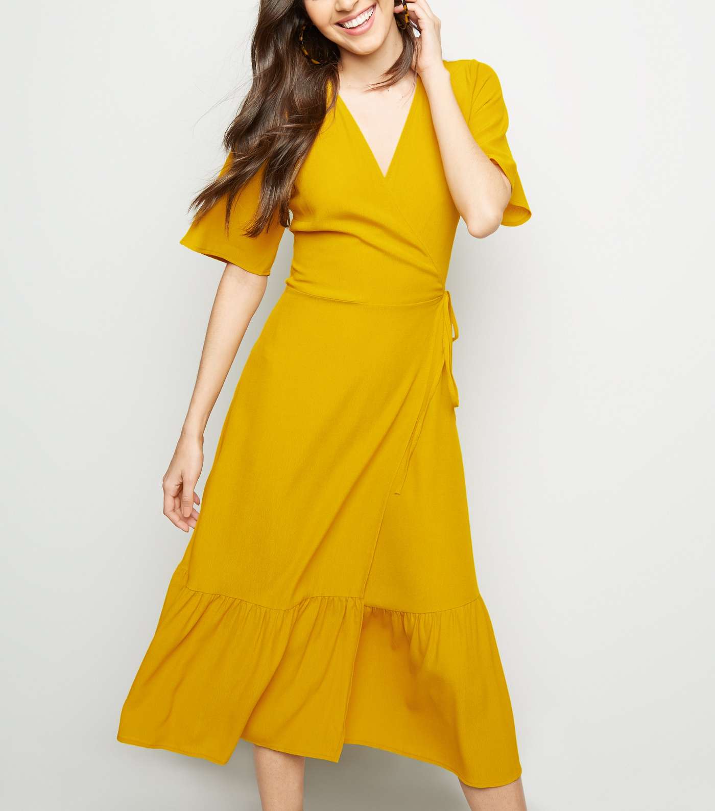 Mustard Tiered Midi Wrap Dress