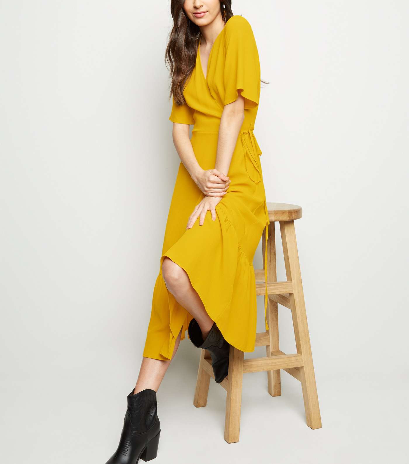 Mustard Tiered Midi Wrap Dress Image 3