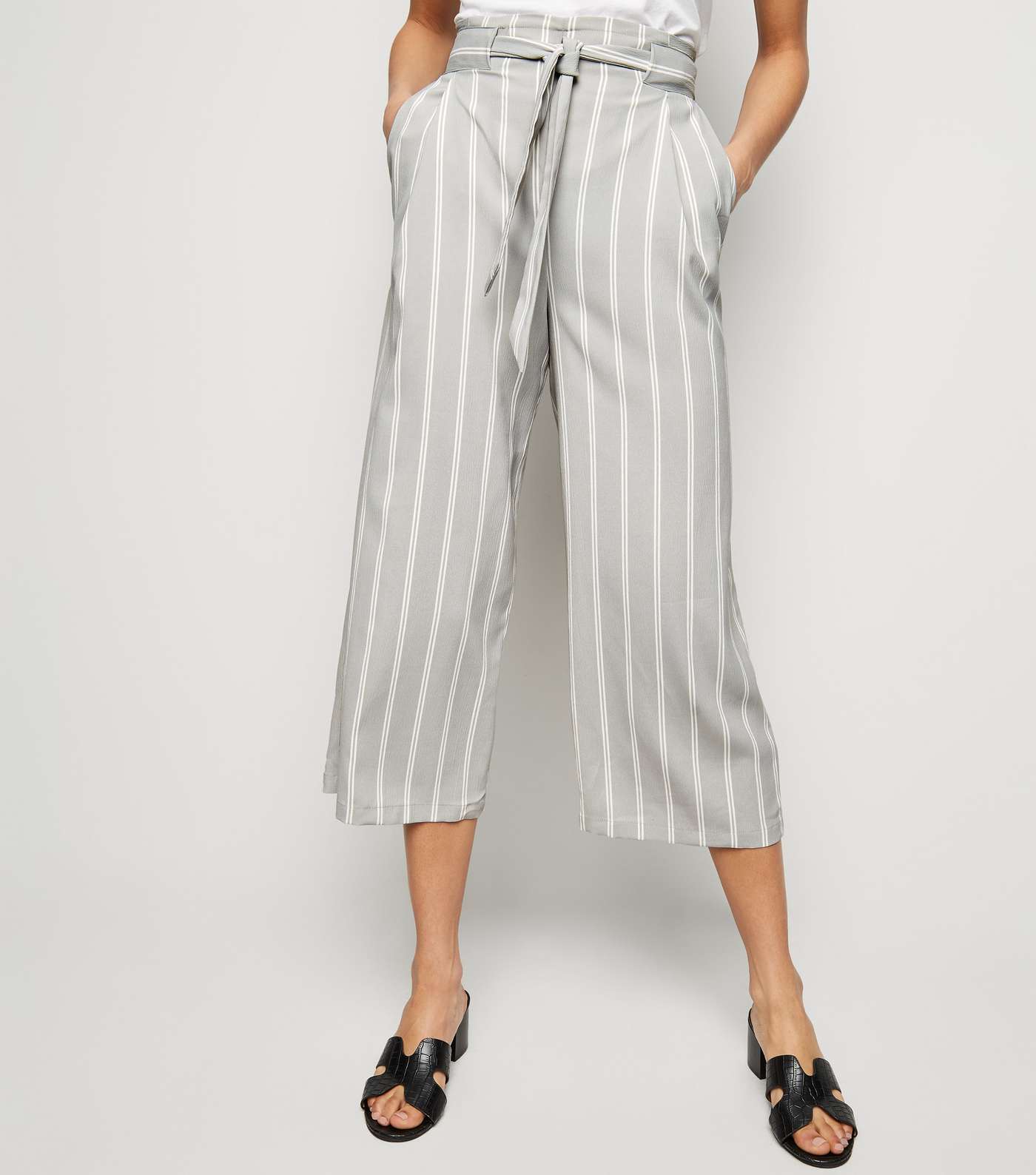 Light Grey Stripe Crop Trousers Image 2