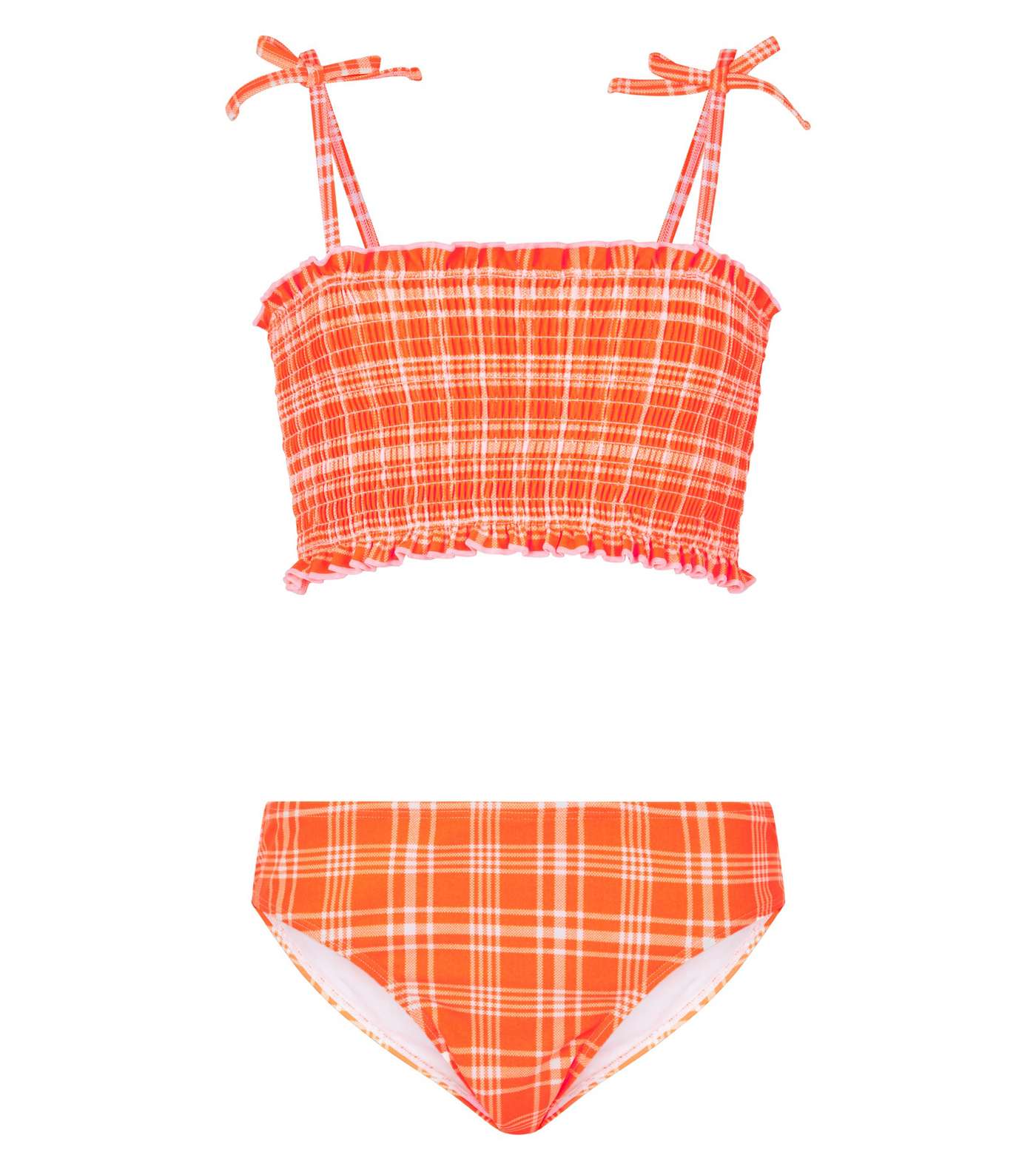 Girls Orange Check Shirred Bikini Set