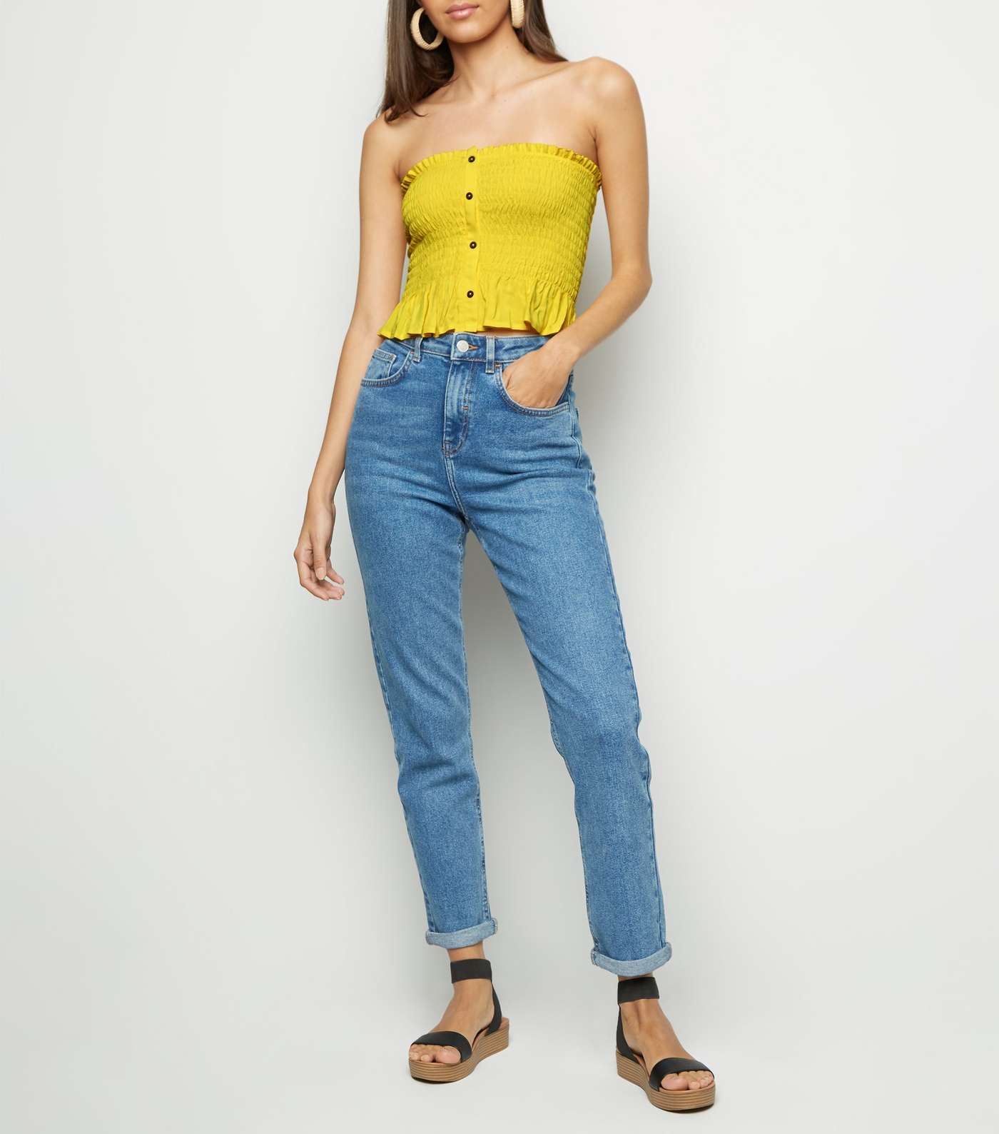 Yellow Shirred Button Front Bandeau Top Image 2