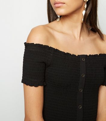 black shirred bardot top