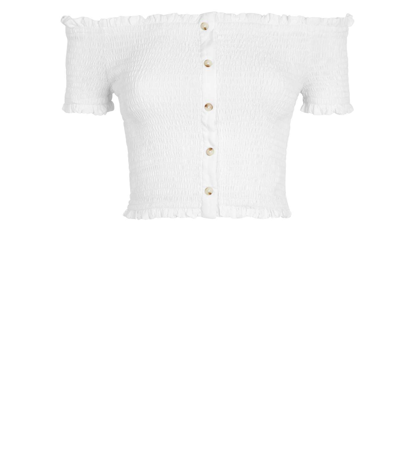 Off White Shirred Button Front Bardot Top Image 4