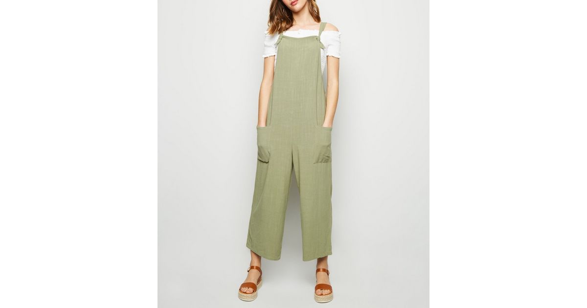 Khaki Linen Look Tie Strap Dungaree Jumpsuit New Look