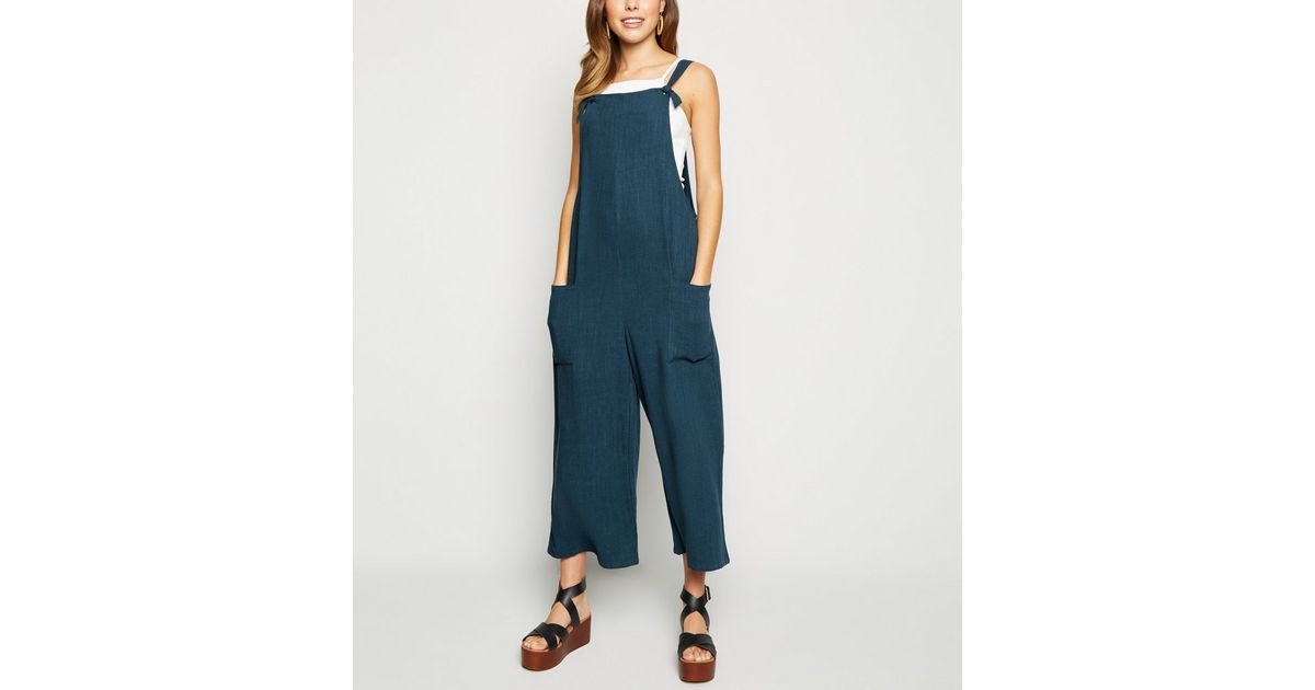 Blue Linen Look Tie Strap Dungaree Jumpsuit New Look