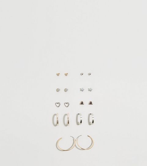 9 Pack Silver Mixed Hoop Heart Earrings 