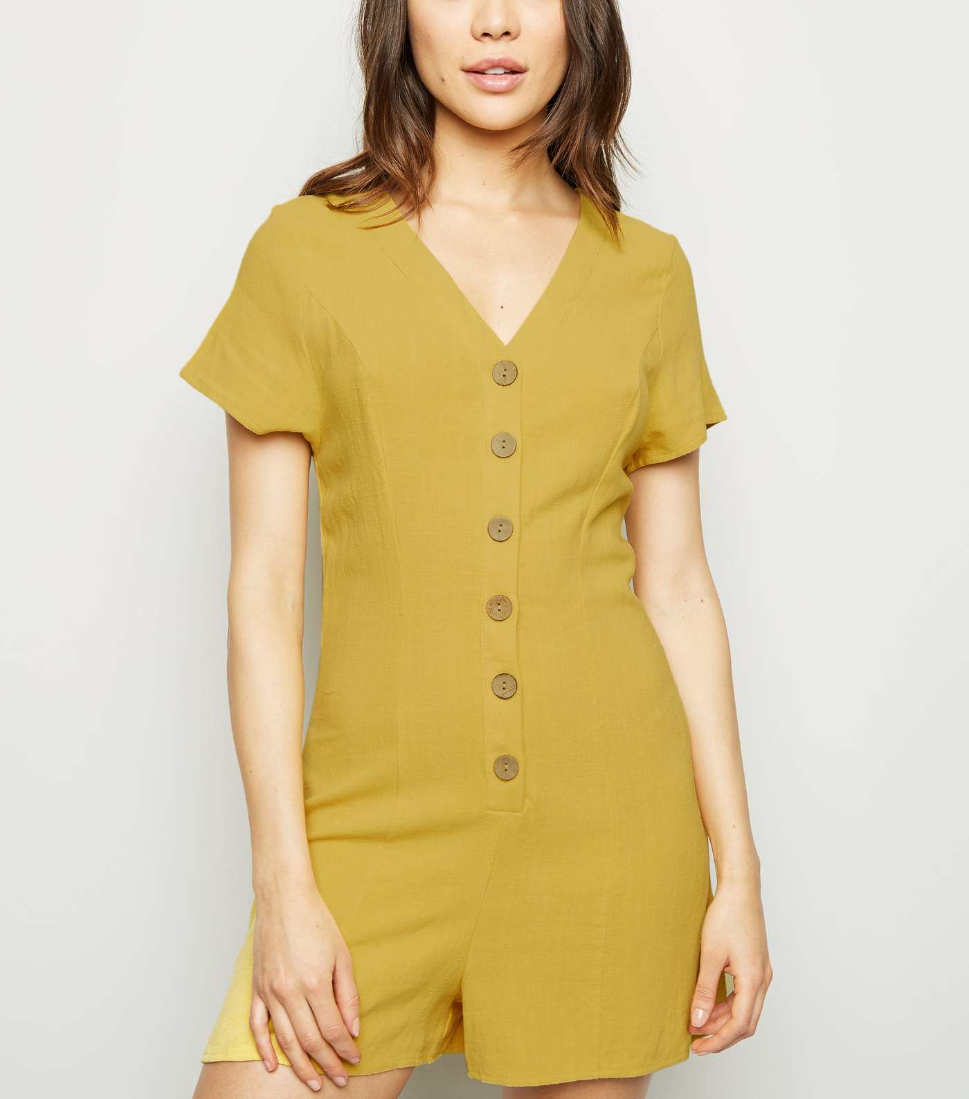 Yellow Linen Look Button Up Playsuit