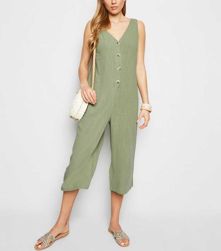 Khaki Linen Look Button Front Crop Jumpsuit
