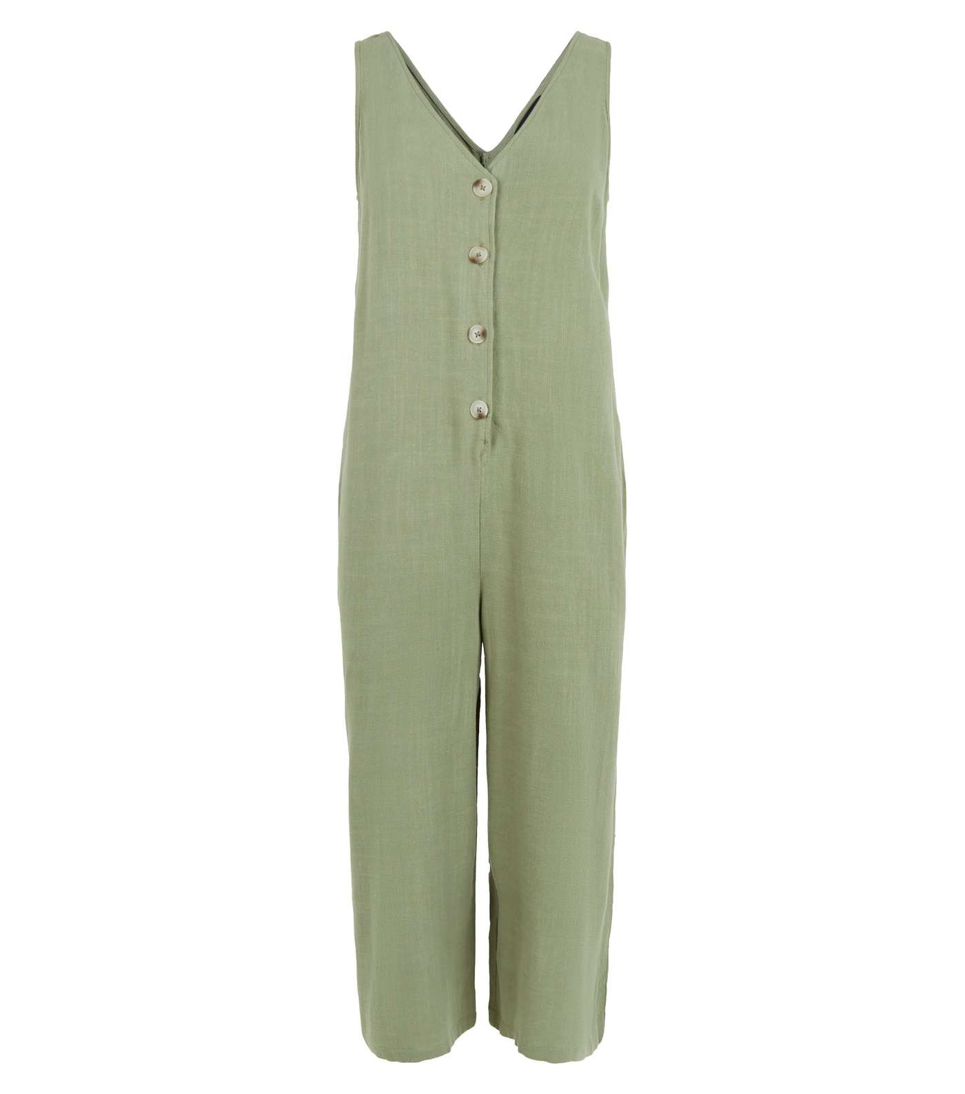 Khaki Linen Look Button Front Crop Jumpsuit Image 4