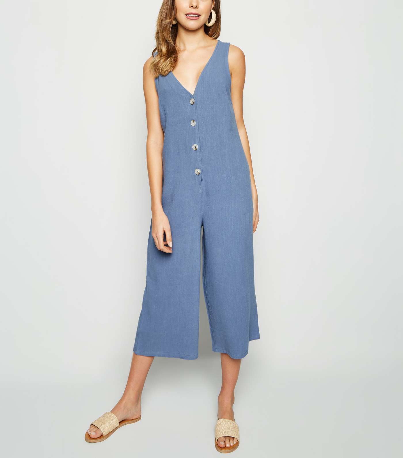 Blue Linen Look Button Front Crop Jumpsuit