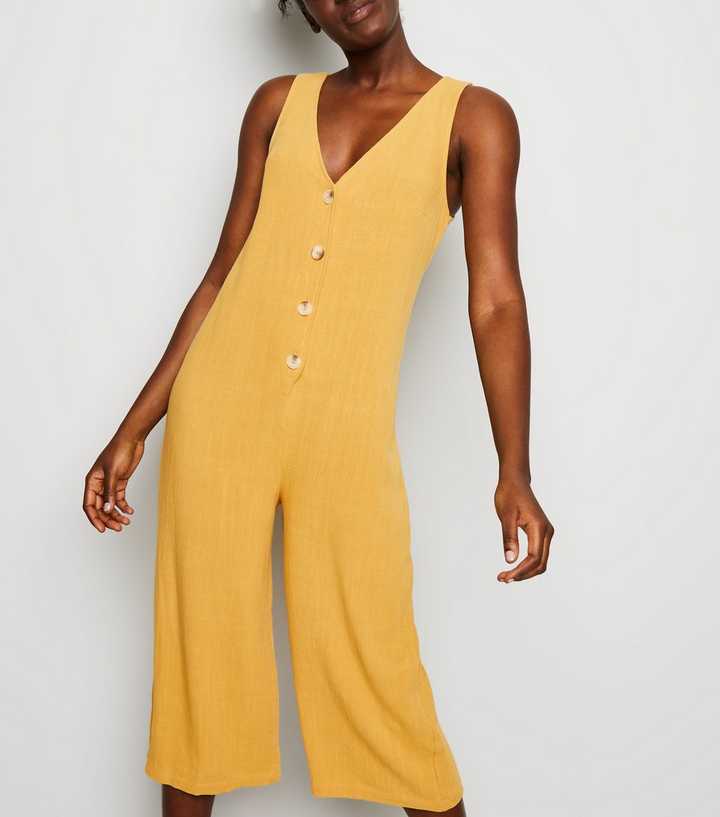 Yellow Linen Look Button Front Crop Jumpsuit