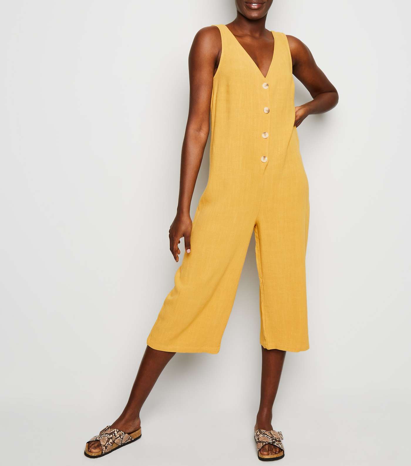 Yellow Linen Look Button Front Crop Jumpsuit Image 2