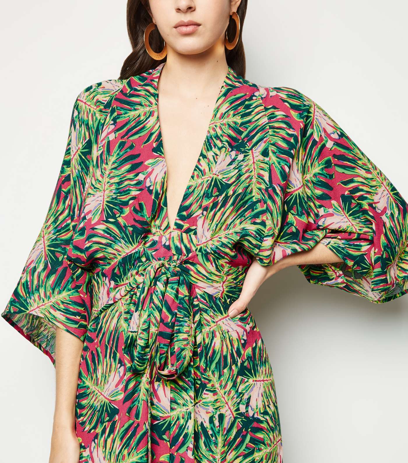 Blue Vanilla Pink Tropical Leaf Kimono Maxi Dress  Image 2
