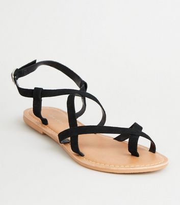 Black Suede Multi Strap Flat Sandals | New Look