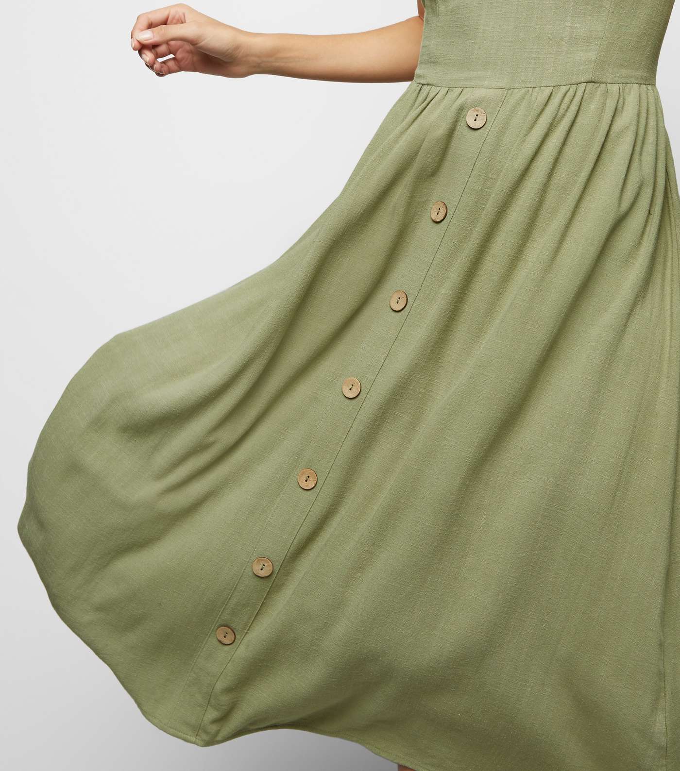 Khaki Linen Look Button Front Midi Dress Image 3