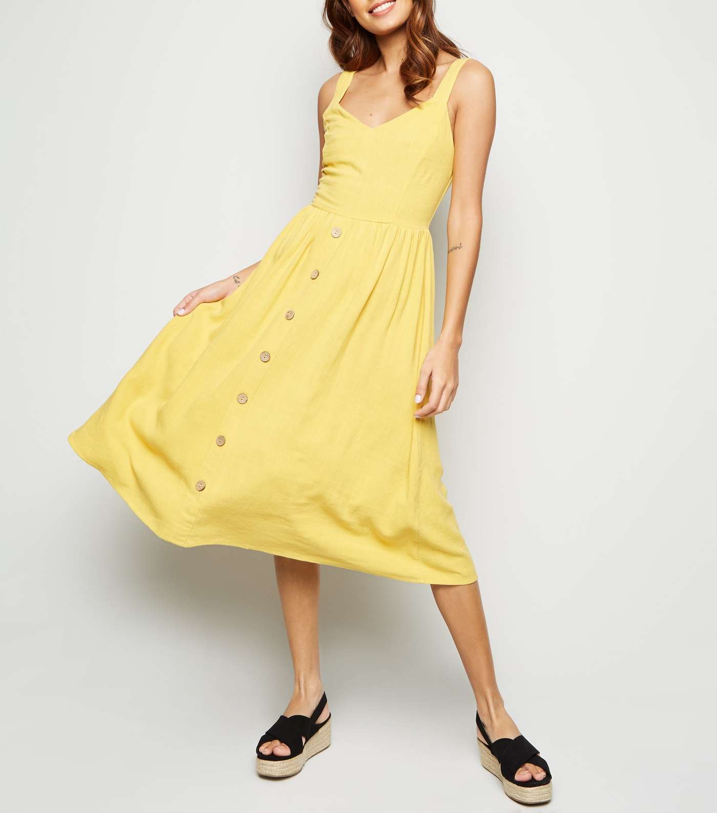 Yellow Linen Look Button Front Midi Dress Image 2
