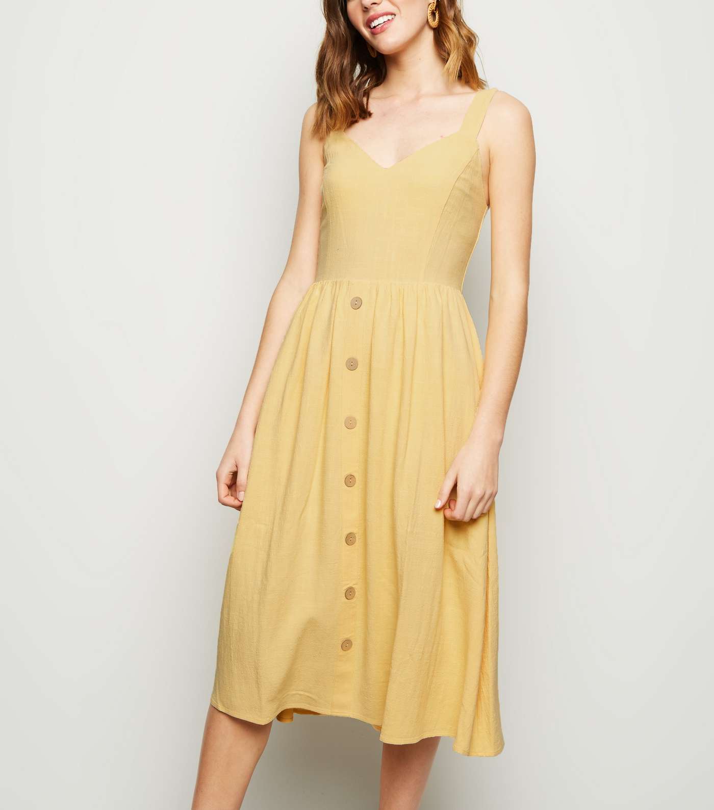 Pale Yellow Linen Look Button Front Midi Dress