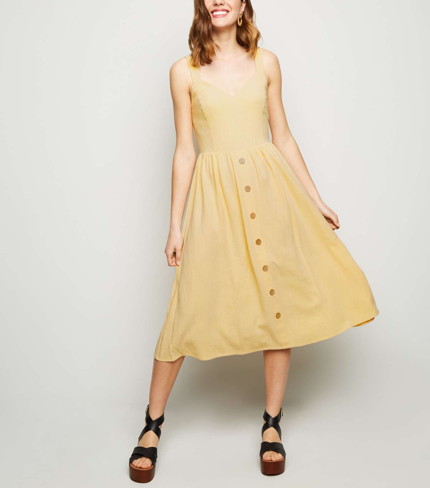 Pale Yellow Linen Look Button Front Midi Dress Image 3