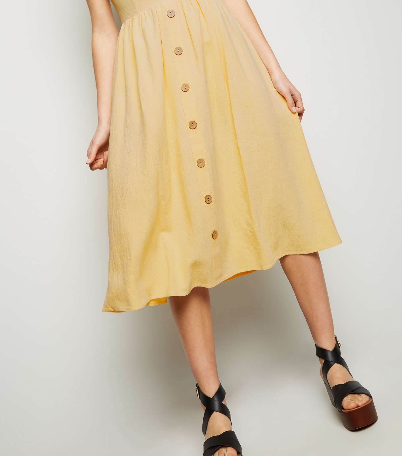 Pale Yellow Linen Look Button Front Midi Dress Image 5