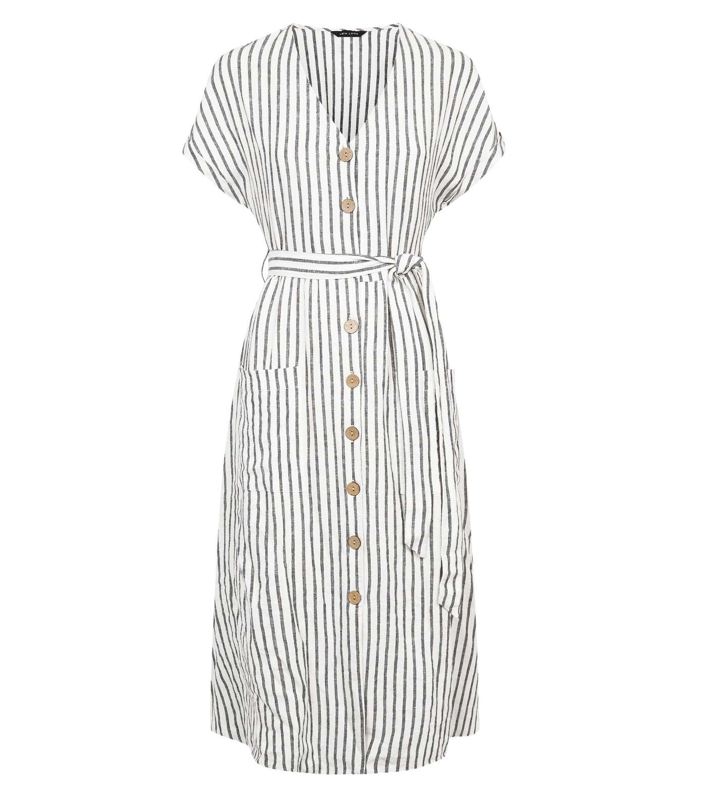 Off White Stripe Linen Blend Midi Dress Image 4