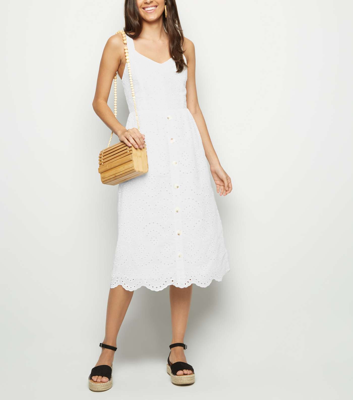 White Broderie Button Front Midi Dress Image 2