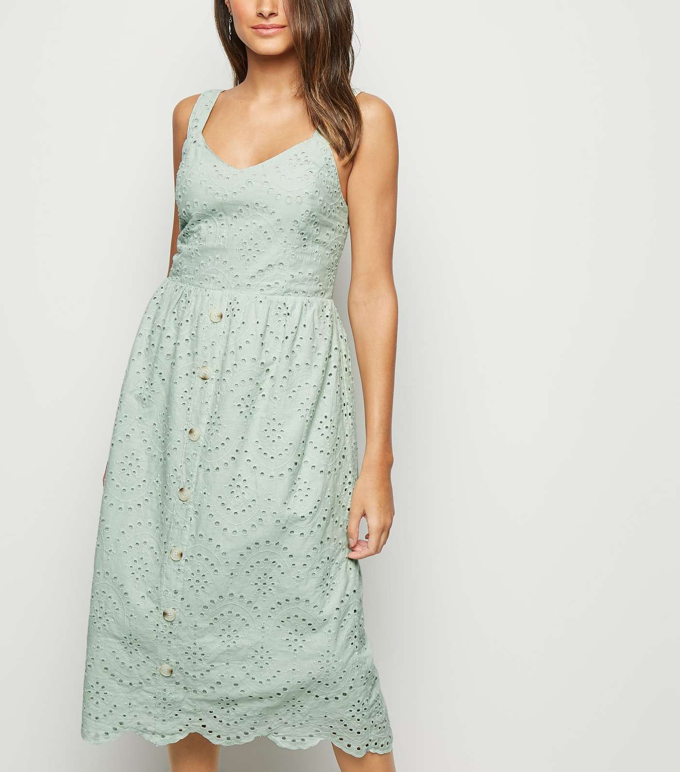 Mint Green Broderie Button Front Midi Dress Image 2