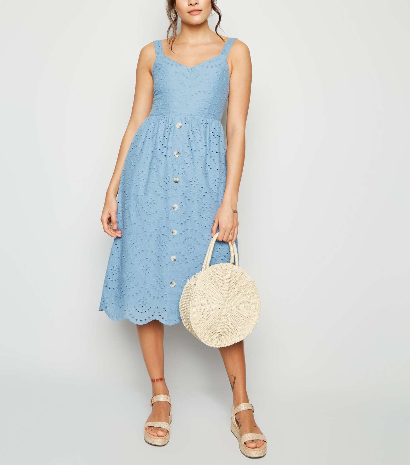 Blue Broderie Button Front Midi Dress Image 2