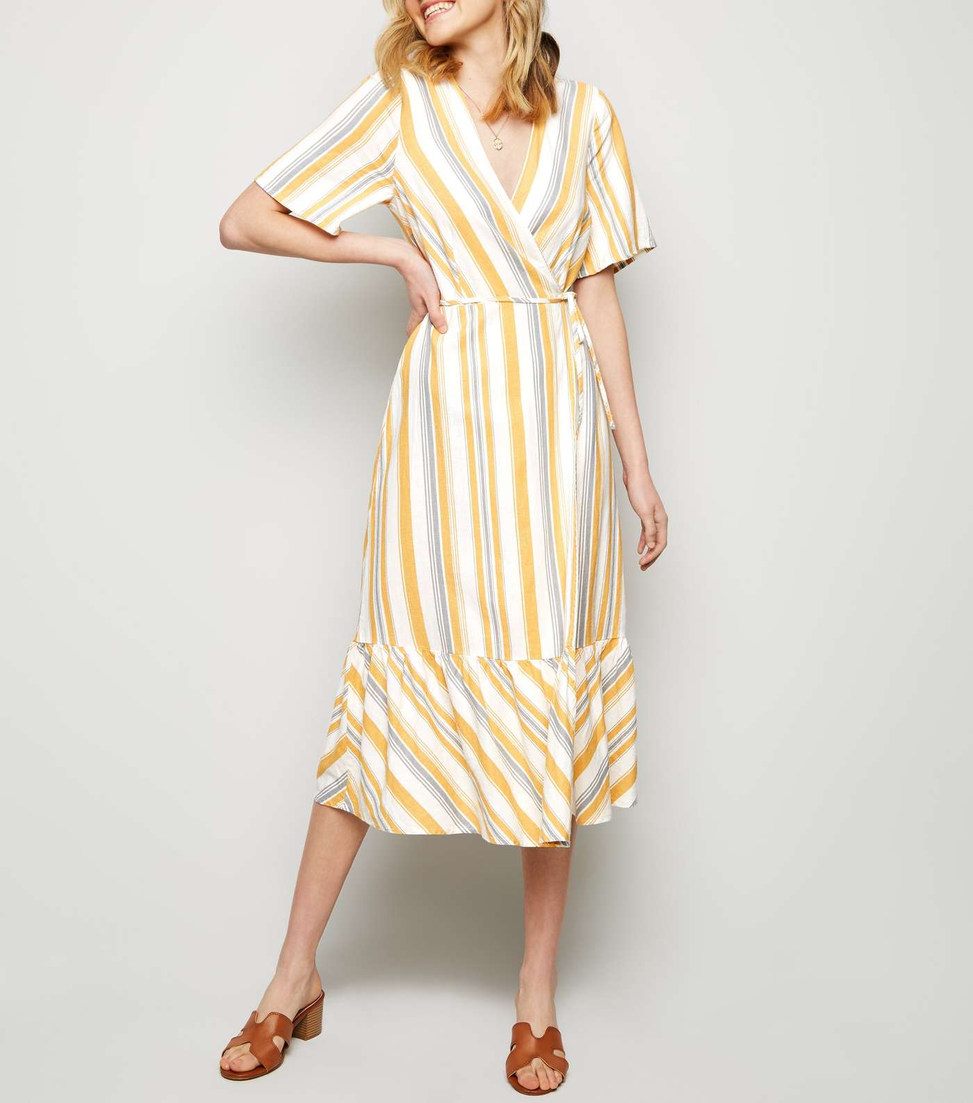 Off White Stripe Linen Blend Tiered Wrap Midi Dress