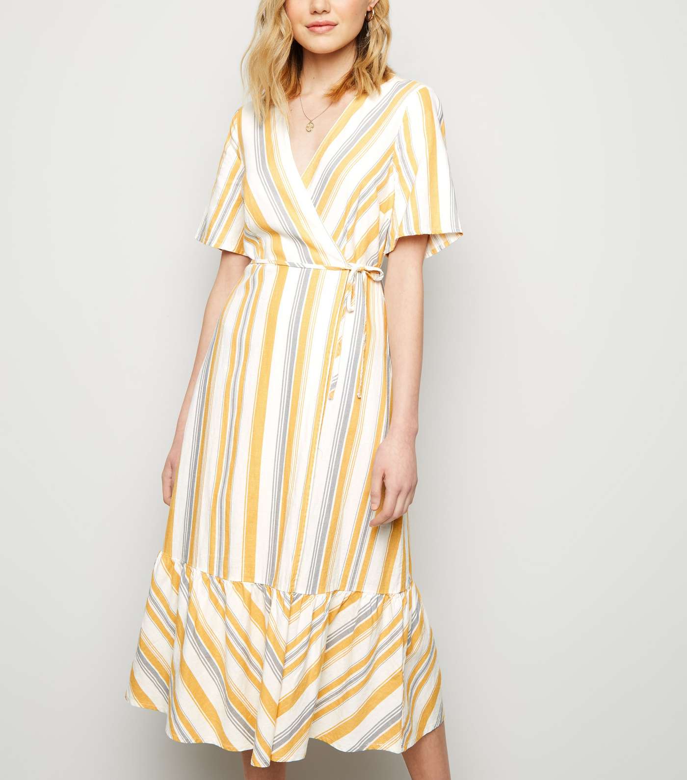 Off White Stripe Linen Blend Tiered Wrap Midi Dress Image 3