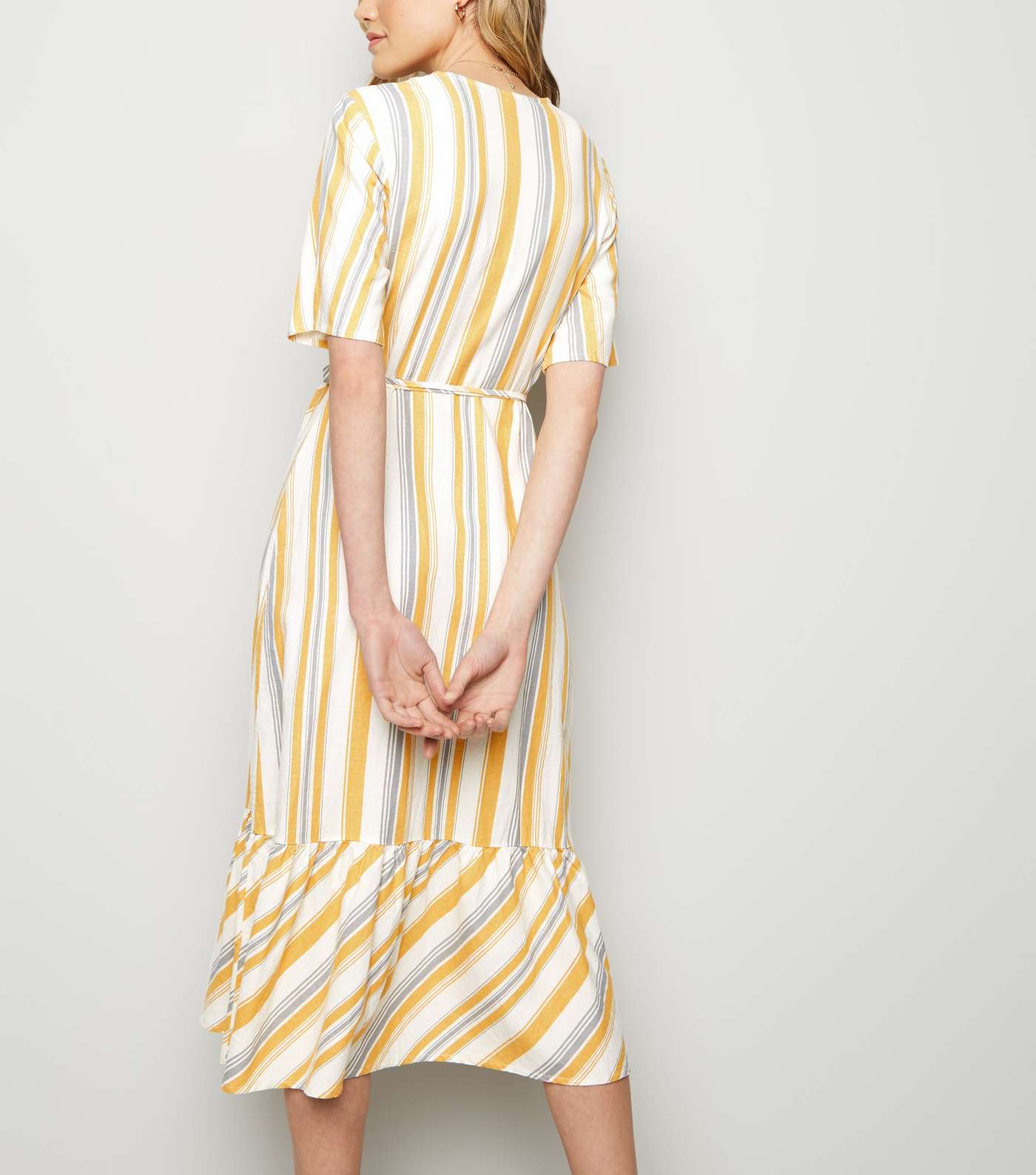 Off White Stripe Linen Blend Tiered Wrap Midi Dress Image 5