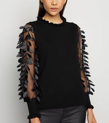 black knit mesh leaf design jumper