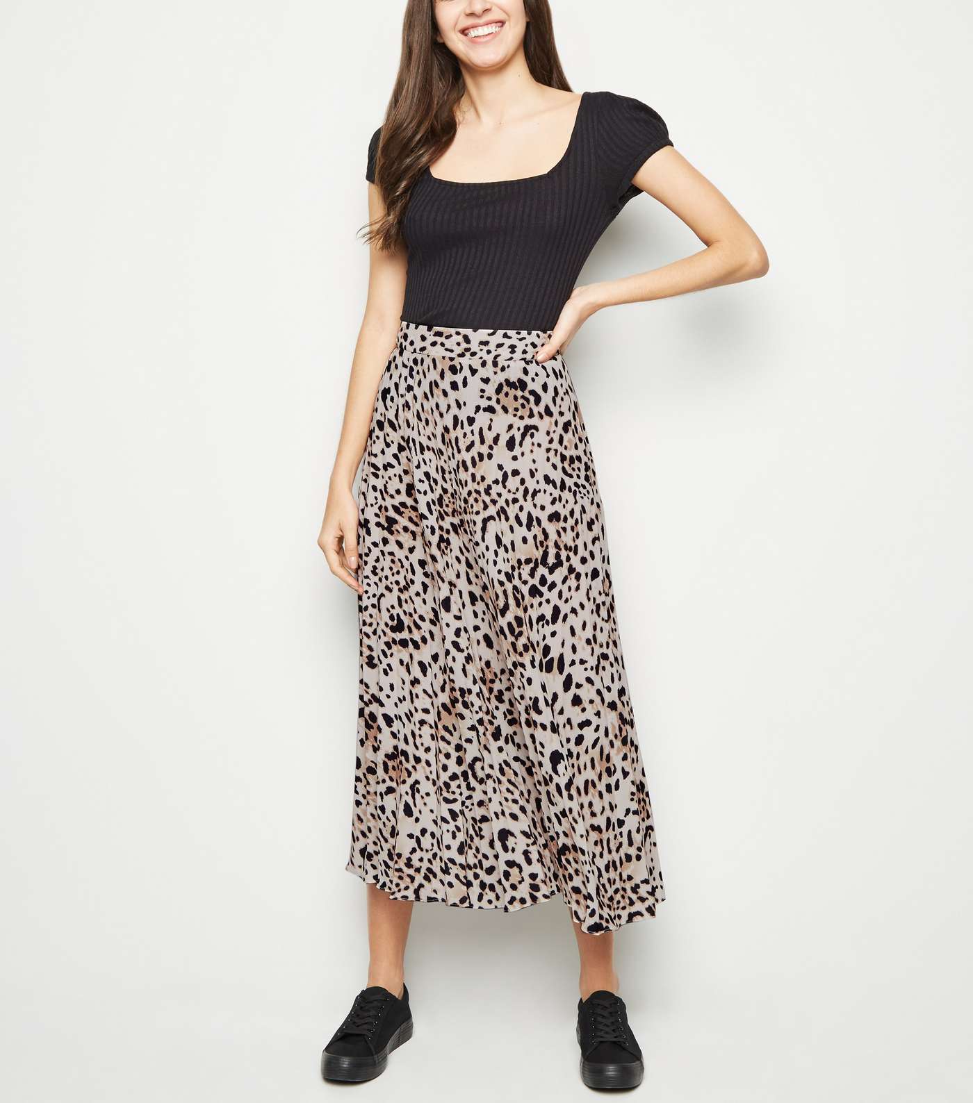 Brown Leopard Print Pleated Midi Skirt