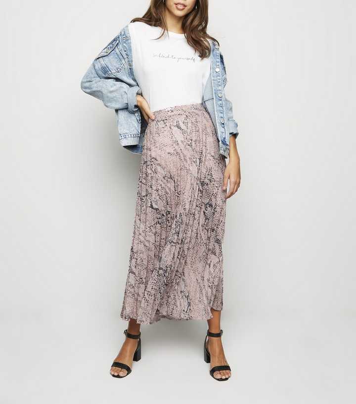 Pink Snake Print Pleated Midi Skirt