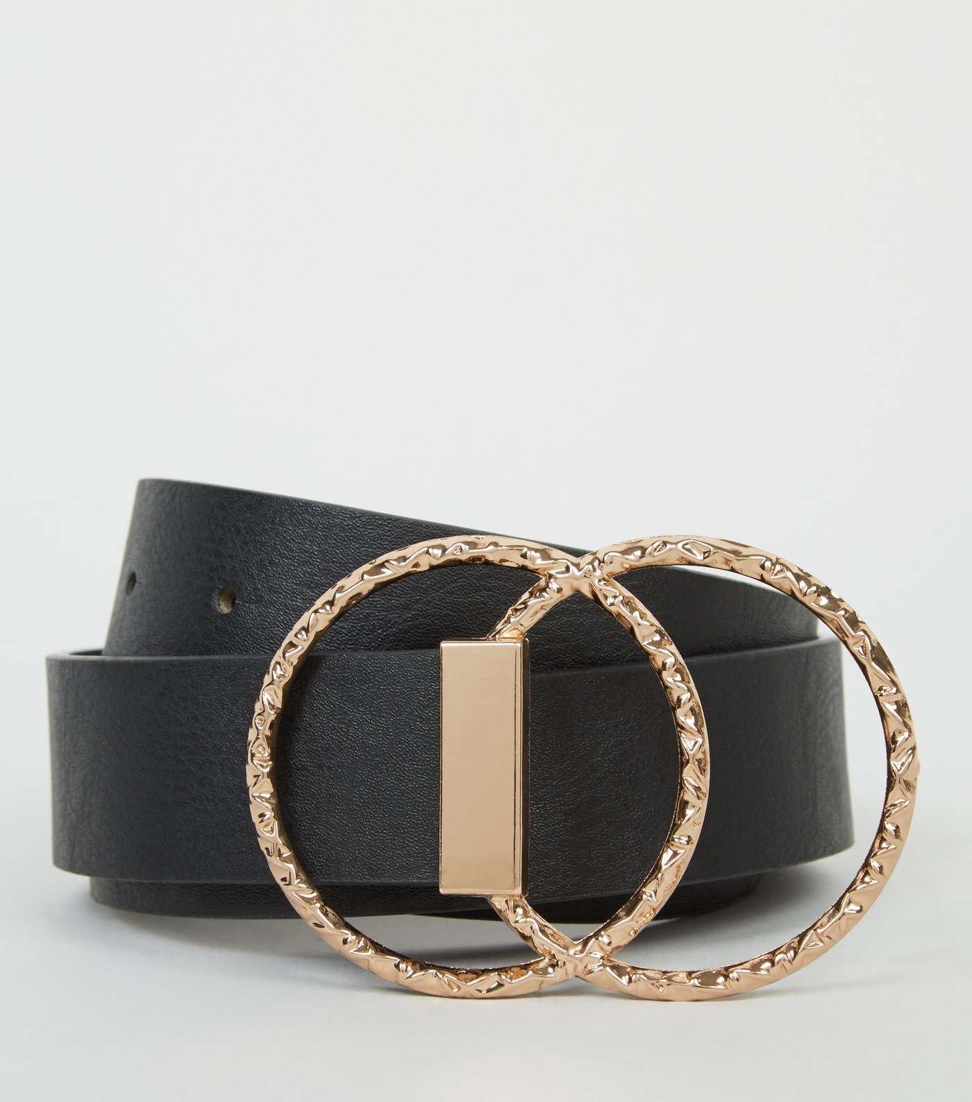 Black Leather-Look Hammered Double Ring Belt Image 2